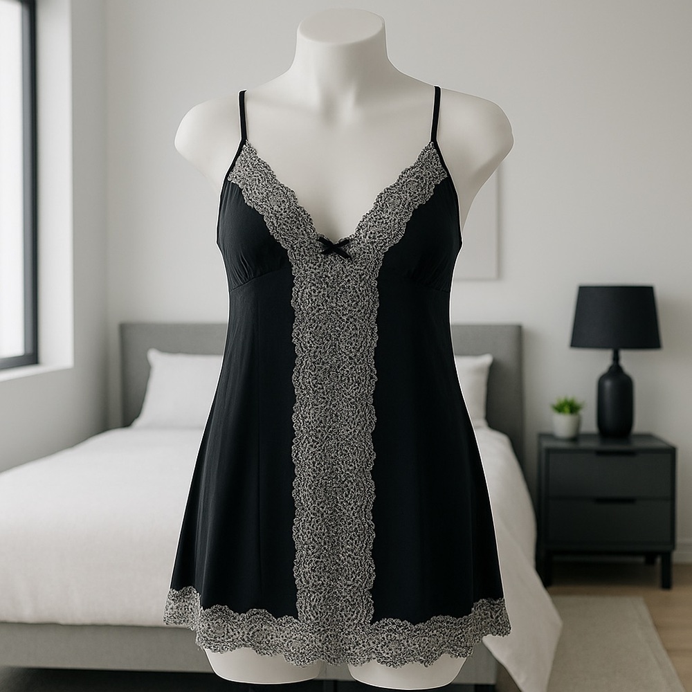 Victoria’s Secret Black Slip Lingerie with Leopard Trim (S)